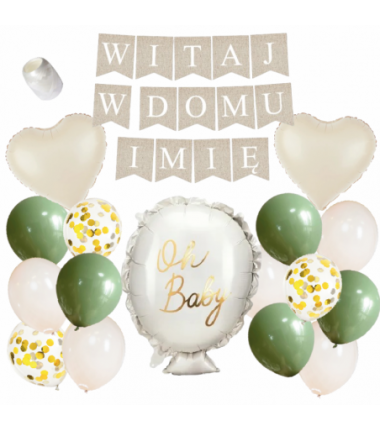 Box balonowy WITAJ W DOMU IMIĘ - boho - oliwka + balonik