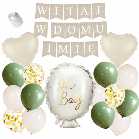 Box balonowy WITAJ W DOMU IMIĘ - boho - oliwka + balonik