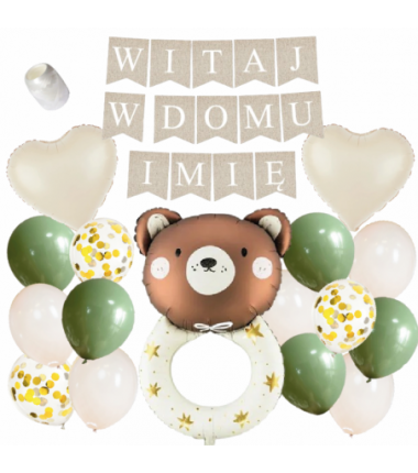 Box balonowy WITAJ W DOMU IMIĘ - boho - oliwka + grzechotka