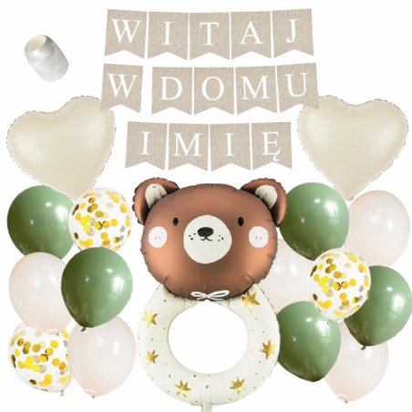 Box balonowy WITAJ W DOMU IMIĘ - boho - oliwka + grzechotka
