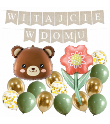 Box balonowy WITAJCIE W DOMU - boho - oliwka + miś głowa + KWIAT DLA MAMY