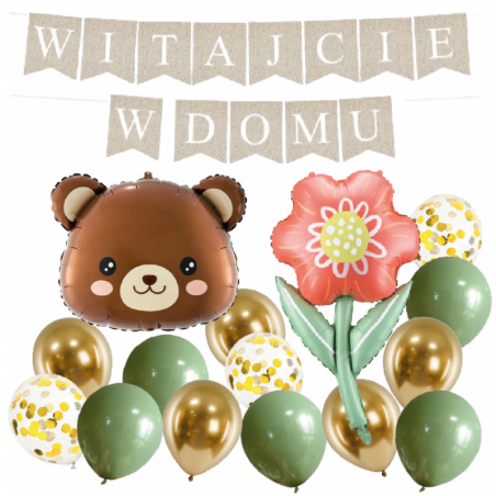 Box balonowy WITAJCIE W DOMU - boho - oliwka + miś głowa + KWIAT DLA MAMY