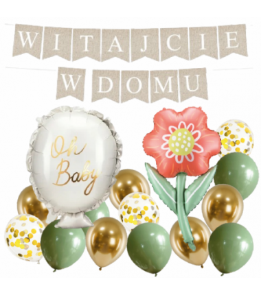 Box balonowy WITAJCIE W DOMU - boho - oliwka + balonik + KWIAT DLA MAMY