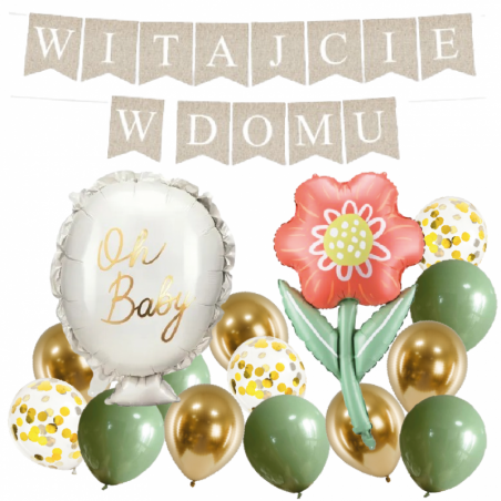 Box balonowy WITAJCIE W DOMU - boho - oliwka + balonik + KWIAT DLA MAMY
