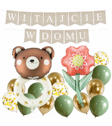 Box balonowy WITAJCIE W DOMU - boho - oliwka + grzechotka + KWIAT DLA MAMY