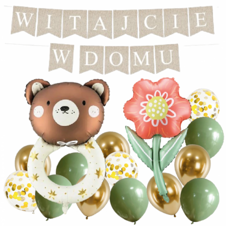 Box balonowy WITAJCIE W DOMU - boho - oliwka + grzechotka + KWIAT DLA MAMY