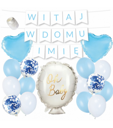 Box balonowy WITAJ W DOMU IMIĘ - jasny niebieski + balonik
