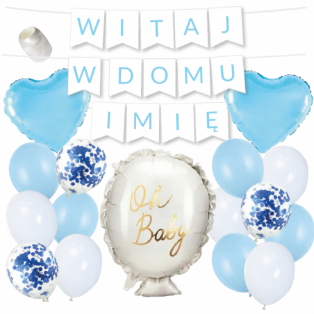 Box balonowy WITAJ W DOMU IMIĘ - jasny niebieski + balonik