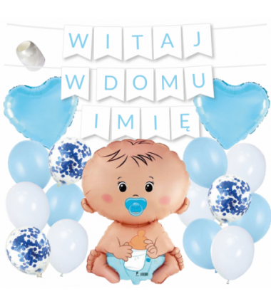 Box balonowy WITAJ W DOMU IMIĘ - jasny niebieski + bobas niebieski