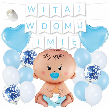 Box balonowy WITAJ W DOMU IMIĘ - jasny niebieski + bobas niebieski