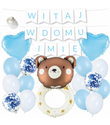 Box balonowy WITAJ W DOMU IMIĘ - jasny niebieski + grzechotka