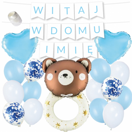 Box balonowy WITAJ W DOMU IMIĘ - jasny niebieski + grzechotka