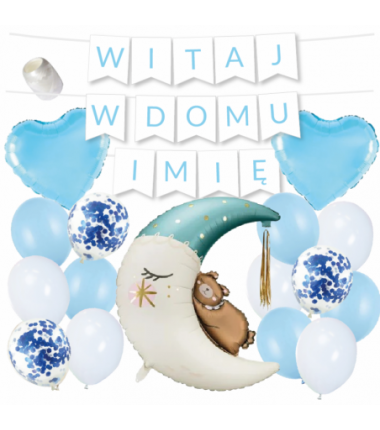 Box balonowy WITAJ W DOMU IMIĘ - jasny niebieski + księżyc niebieski MIŚ