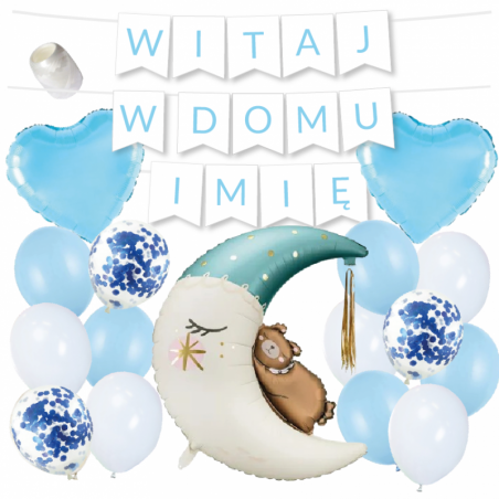 Box balonowy WITAJ W DOMU IMIĘ - jasny niebieski + księżyc niebieski MIŚ