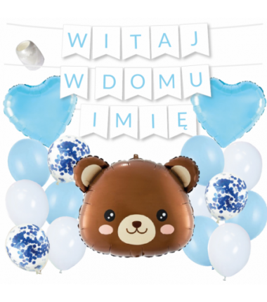 Box balonowy WITAJ W DOMU IMIĘ - jasny niebieski + MIŚ głowa