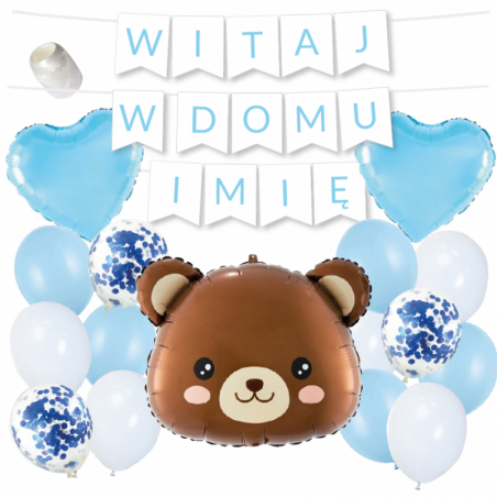 Box balonowy WITAJ W DOMU IMIĘ - jasny niebieski + MIŚ głowa
