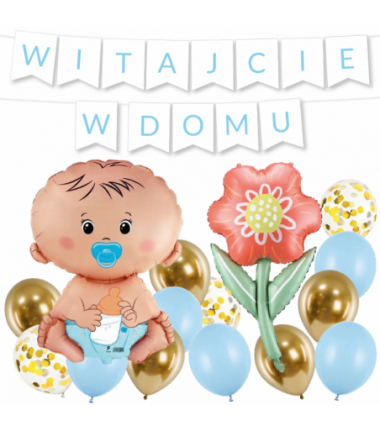 Box balonowy WITAJCIE W DOMU - jasny niebieski + bobas niebieski + KWIAT DLA MAMY