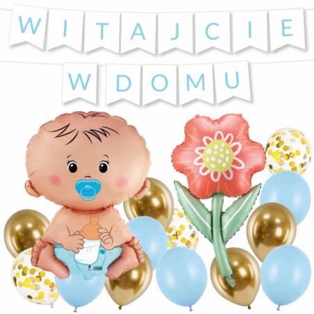 Box balonowy WITAJCIE W DOMU - jasny niebieski + bobas niebieski + KWIAT DLA MAMY