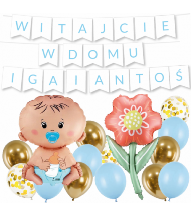 Box balonowy WITAJCIE W DOMU 2x IMIĘ - jasny niebieski + bobas niebieski + KWIAT DLA MAMY