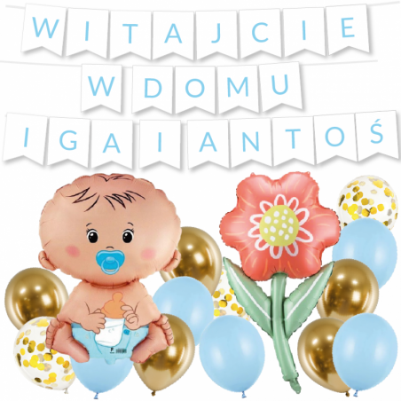 Box balonowy WITAJCIE W DOMU 2x IMIĘ - jasny niebieski + bobas niebieski + KWIAT DLA MAMY