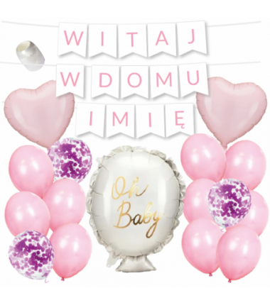 Box balonowy WITAJ W DOMU IMIĘ - jasny różowy + balonik