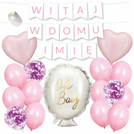 Box balonowy WITAJ W DOMU IMIĘ - jasny różowy + balonik