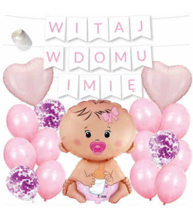 Box balonowy WITAJ W DOMU IMIĘ - jasny różowy + bobas różowy