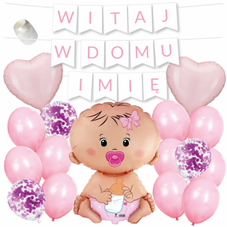Box balonowy WITAJ W DOMU IMIĘ - jasny różowy + bobas różowy