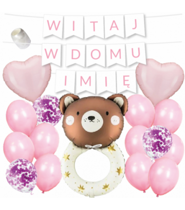 Box balonowy WITAJ W DOMU IMIĘ - jasny różowy + grzechotka