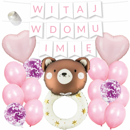 Box balonowy WITAJ W DOMU IMIĘ - jasny różowy + grzechotka