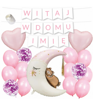 Box balonowy WITAJ W DOMU IMIĘ - jasny różowy + księżyc różowy