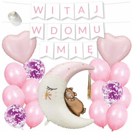 Box balonowy WITAJ W DOMU IMIĘ - jasny różowy + księżyc różowy