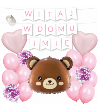 Box balonowy WITAJ W DOMU IMIĘ - jasny różowy + miś