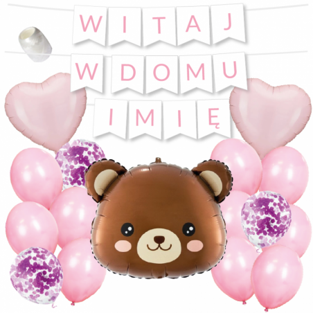 Box balonowy WITAJ W DOMU IMIĘ - jasny różowy + miś