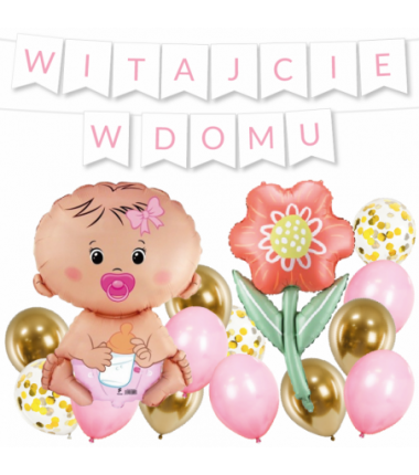 Box balonowy WITAJCIE W DOMU - jasny różowy + bobas różowy + KWIAT DLA MAMY