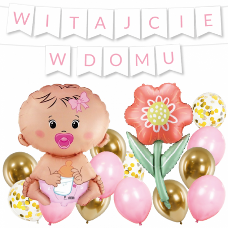 Box balonowy WITAJCIE W DOMU - jasny różowy + bobas różowy + KWIAT DLA MAMY