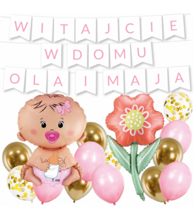 Box balonowy WITAJCIE W DOMU 2x IMIĘ - jasny różowy + bobas różowy + KWIAT DLA MAMY