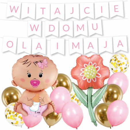 Box balonowy WITAJCIE W DOMU 2x IMIĘ - jasny różowy + bobas różowy + KWIAT DLA MAMY