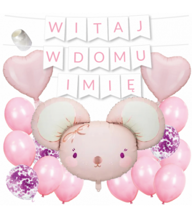 Box balonowy WITAJ W DOMU IMIĘ - jasny różowy + myszka