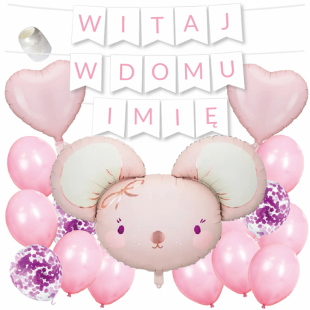 Box balonowy WITAJ W DOMU IMIĘ - jasny różowy + myszka