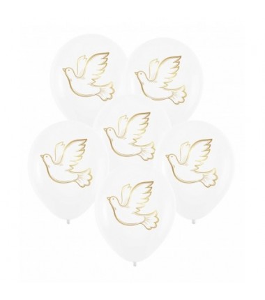 Balony nadruk komunijne biodegradowalne Gołąb - biało-złote 30 cm - 6 sztuk