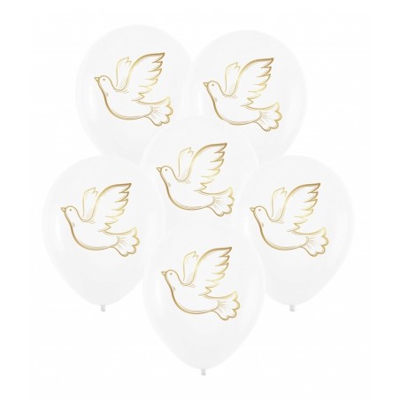 Balony nadruk komunijne biodegradowalne Gołąb - biało-złote 30 cm - 6 sztuk