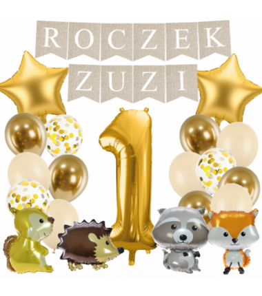 Box balonowy ROCZEK + IMIĘ - boho + 1 złota + zwierzątka