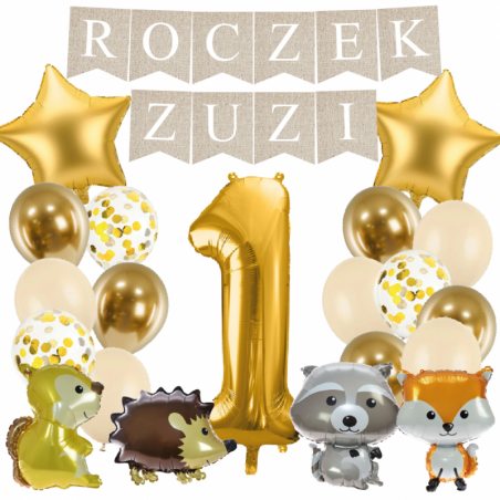 Box balonowy ROCZEK + IMIĘ - boho + 1 złota + zwierzątka