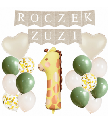 Box balonowy ROCZEK + IMIĘ - boho - oliwka + 1 żyrafa