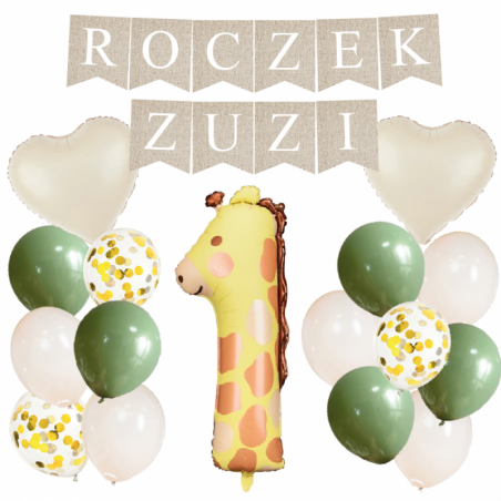 Box balonowy ROCZEK + IMIĘ - boho - oliwka + 1 żyrafa
