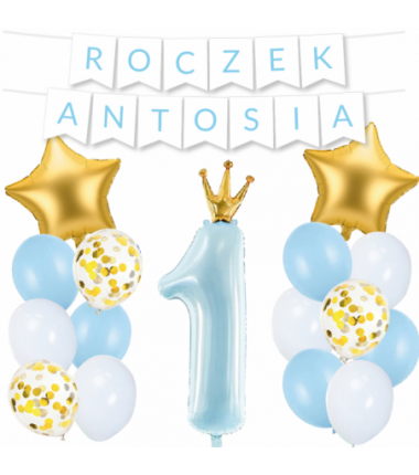 Box balonowy ROCZEK + IMIĘ - jasny niebieski + 1 niebieska ze złotą koroną