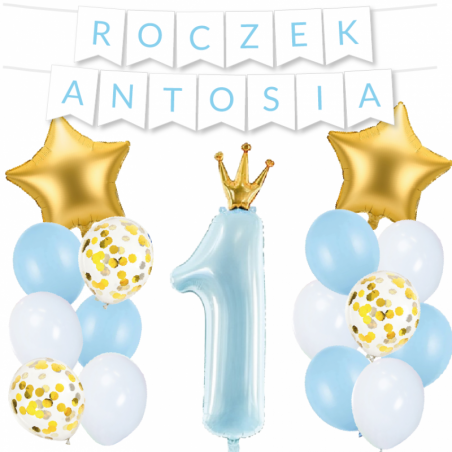Box balonowy ROCZEK + IMIĘ - jasny niebieski + 1 niebieska ze złotą koroną