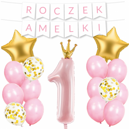 Box balonowy ROCZEK + IMIĘ - jasny różowy + 1 różowa ze złotą koroną