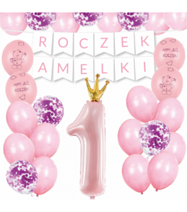 Box balonowy ROCZEK + IMIĘ - jasny różowy + 1 różowa ze złotą koroną + mam już roczek